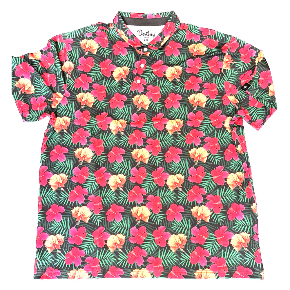 Destiny Golf Mens 2XL Performance Polo Shirt Black Pink Red Tropical Floral